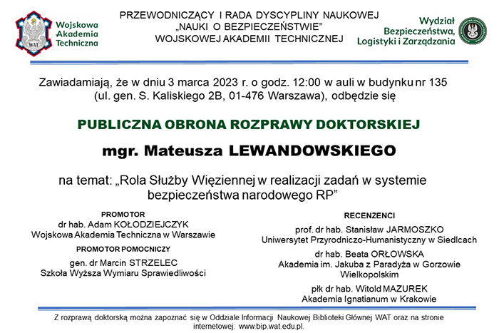 PUBLICZNA OBRONA ROZPRAWY DOKTORSKIEJ MATEUSZA LEWANDOWSKIEGO
