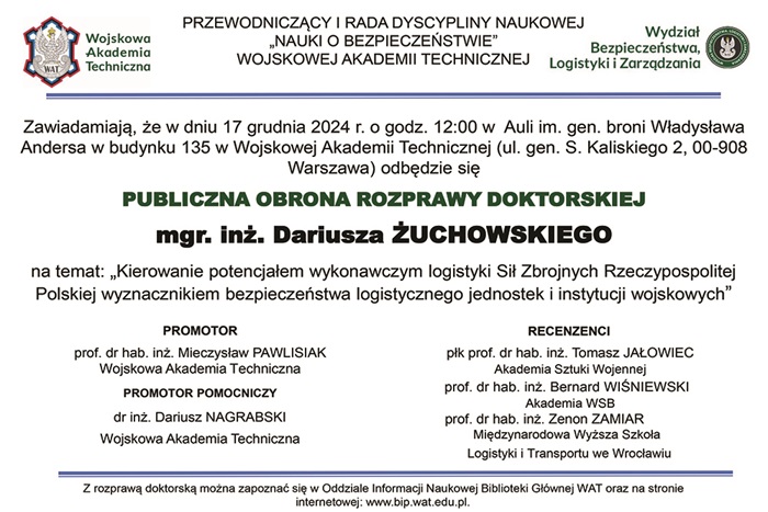 PUBLICZNA OBRONA ROZPRAWY DOKTORSKIEJ DARIUSZA ŻUCHOWSKIEGO