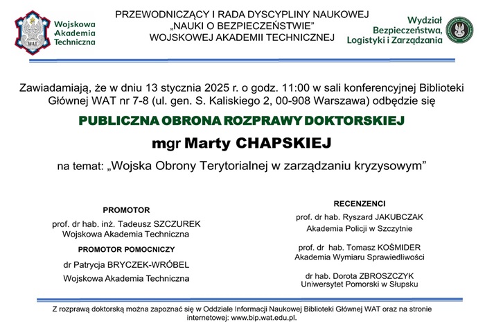 PUBLICZNA OBRONA ROZPRAWY DOKTORSKIEJ MARTY CHAPSKIEJ