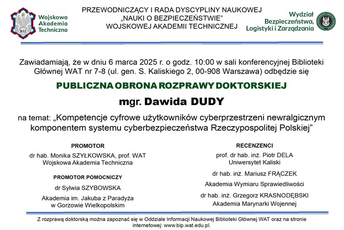 PUBLICZNA OBRONA ROZPRAWY DOKTORSKIEJ DAWIDA DUDY