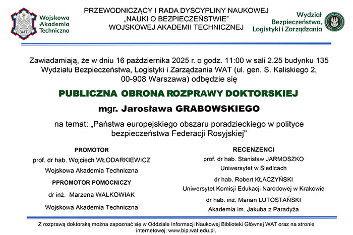 Grafika informacyjna dotycząca publicznej obrony rozprawy doktorskiej Jarosława Grabowskiego