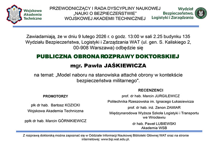PUBLICZNA OBRONA ROZPRAWY DOKTORSKIEJ PAWŁA JAŚKIEWICZA