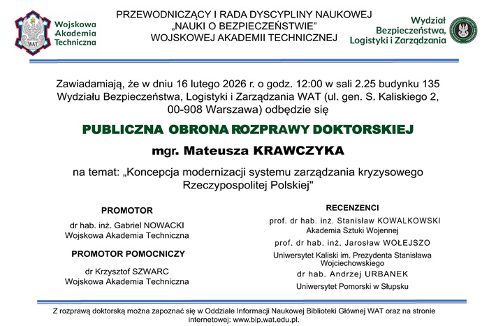 PUBLICZNA OBRONA ROZPRAWY DOKTORSKIEJ MATEUSZA KRAWCZYKA