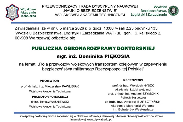 PUBLICZNA OBRONA ROZPRAWY DOKTORSKIEJ DOMINIKA PIĘKOSIA